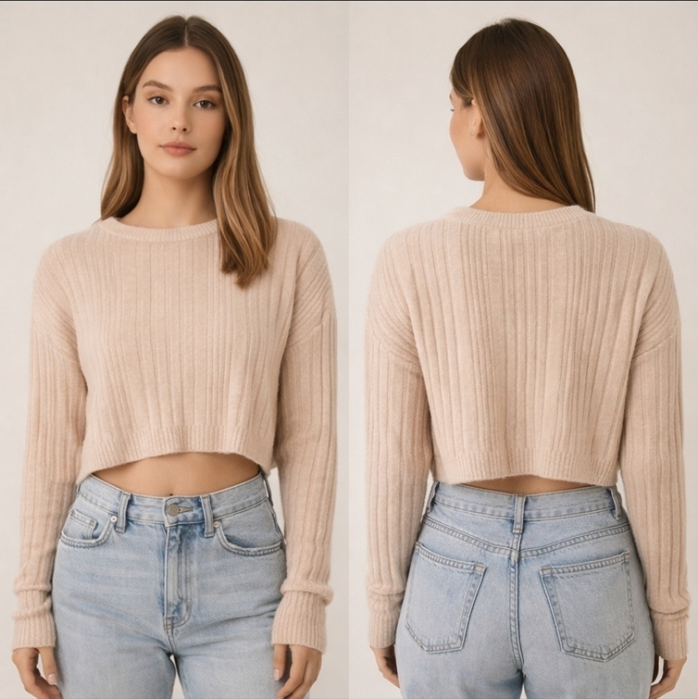 Beige Ribbed Cropped Sweater Neutral Minimalist Long Sleeve Cozy Top Size S